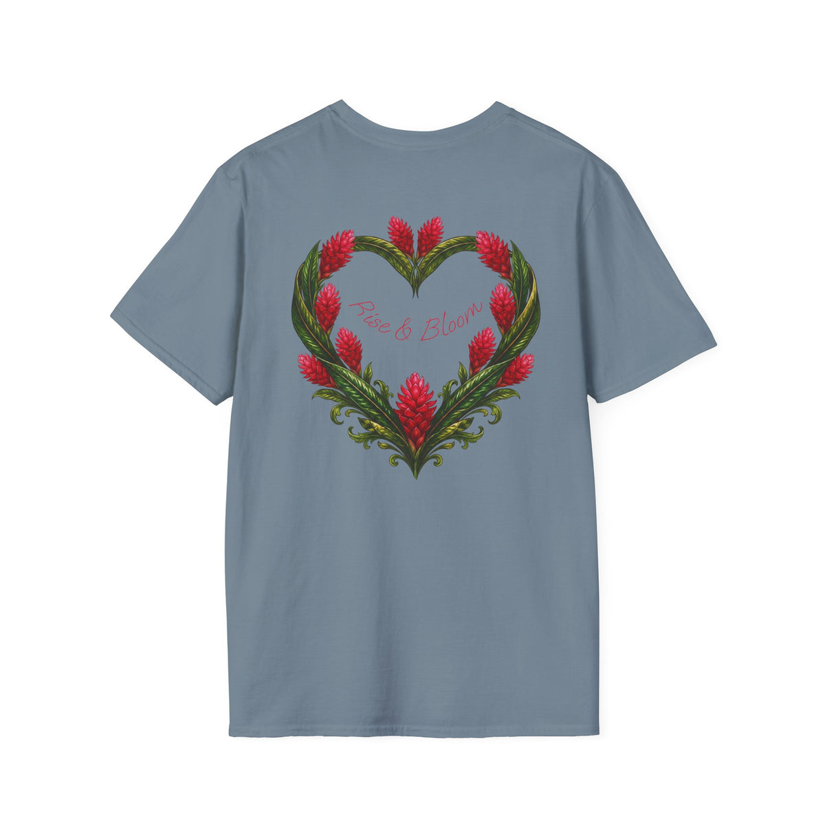 Red Ginger Floral Heart T-Shirt | Tropical Botanical Chest & Back