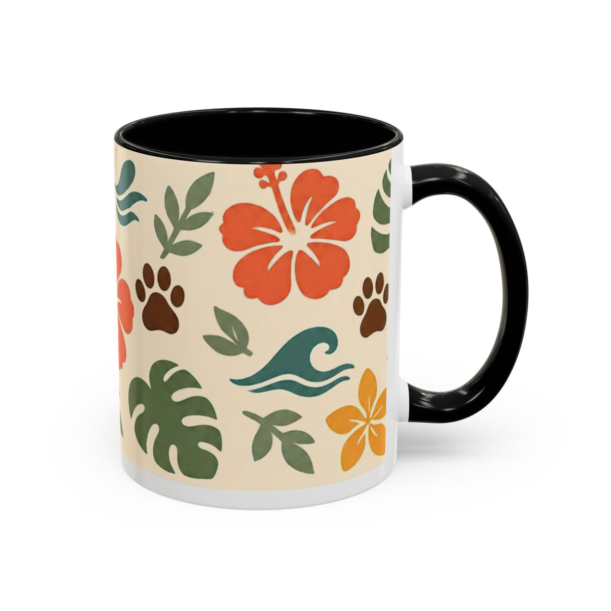Tropical Hibiscus Paw Print Mug — Floral Coffee Cup for Dog Lovers