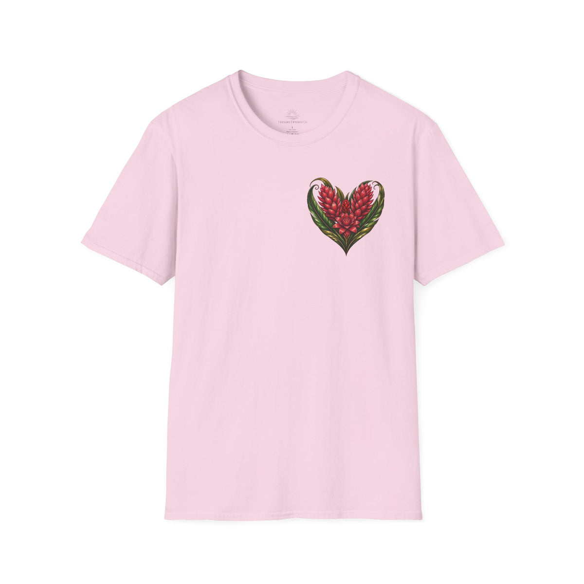 Red Ginger Floral Heart T-Shirt | Tropical Botanical Chest & Back