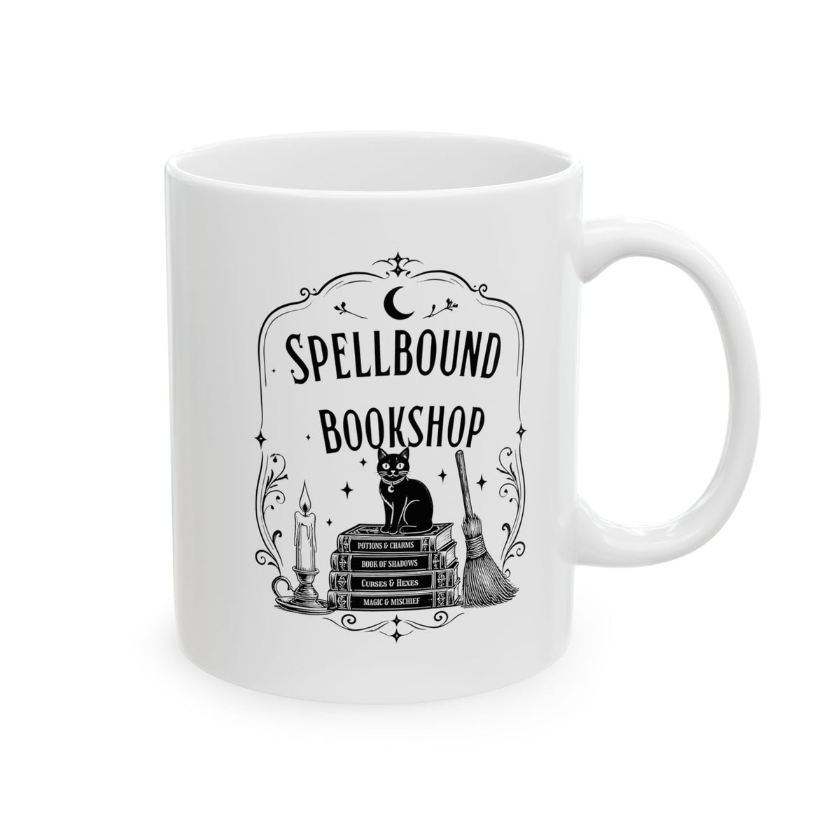 Spellbound Bookshop Mug — Witchy Cat & Stacked Books Coffee Cup