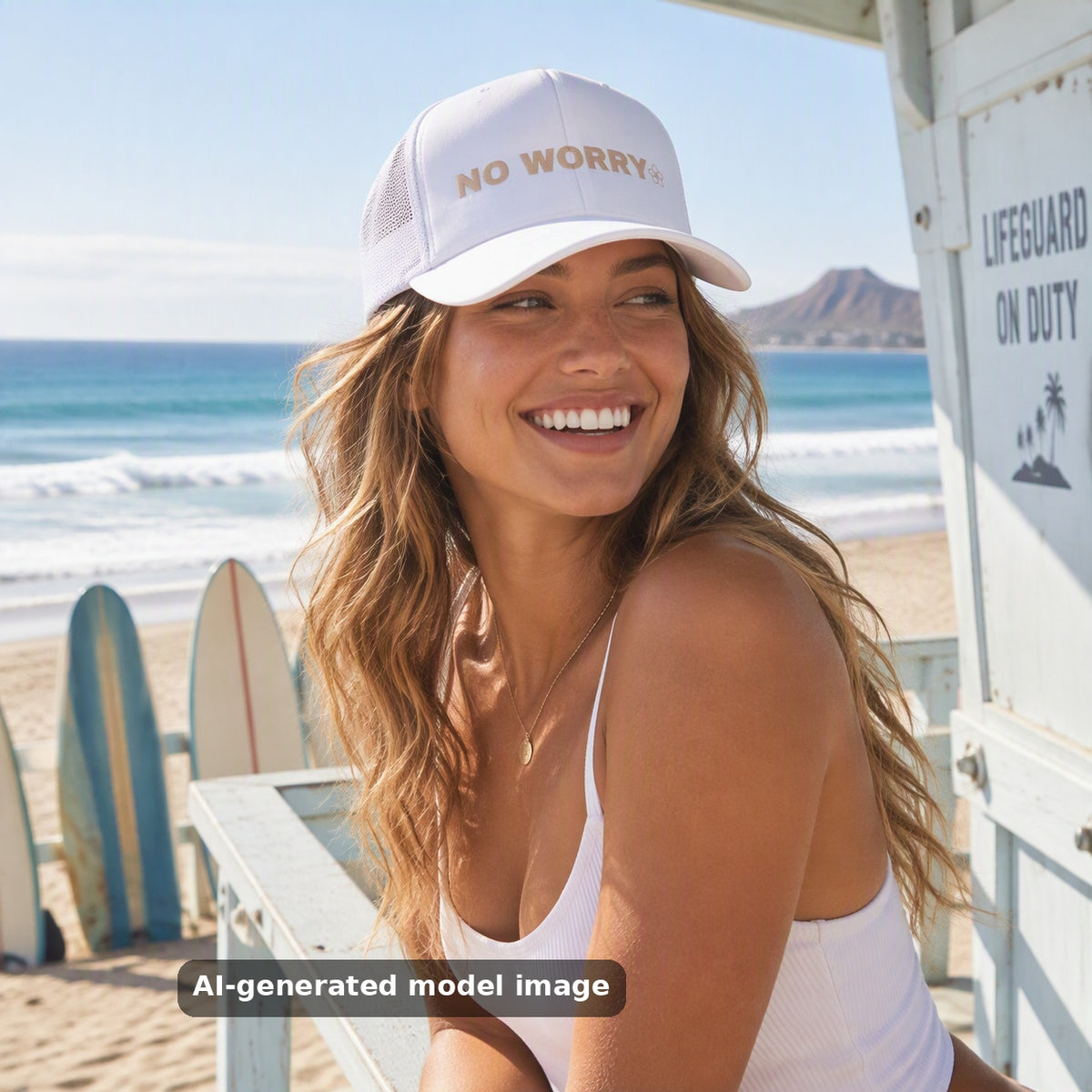 No Worry snapback trucker cap — lifestyle photo