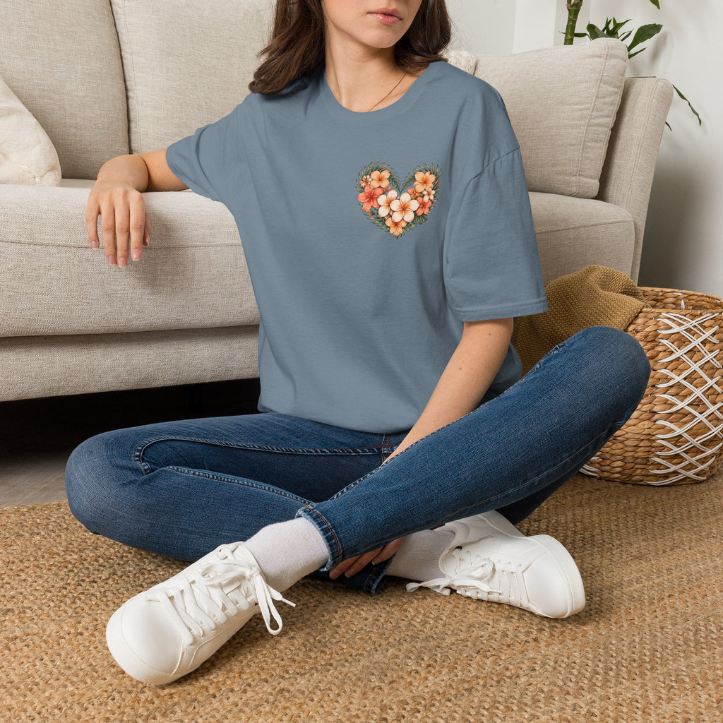 Tropical Plumeria Floral Heart T-Shirt