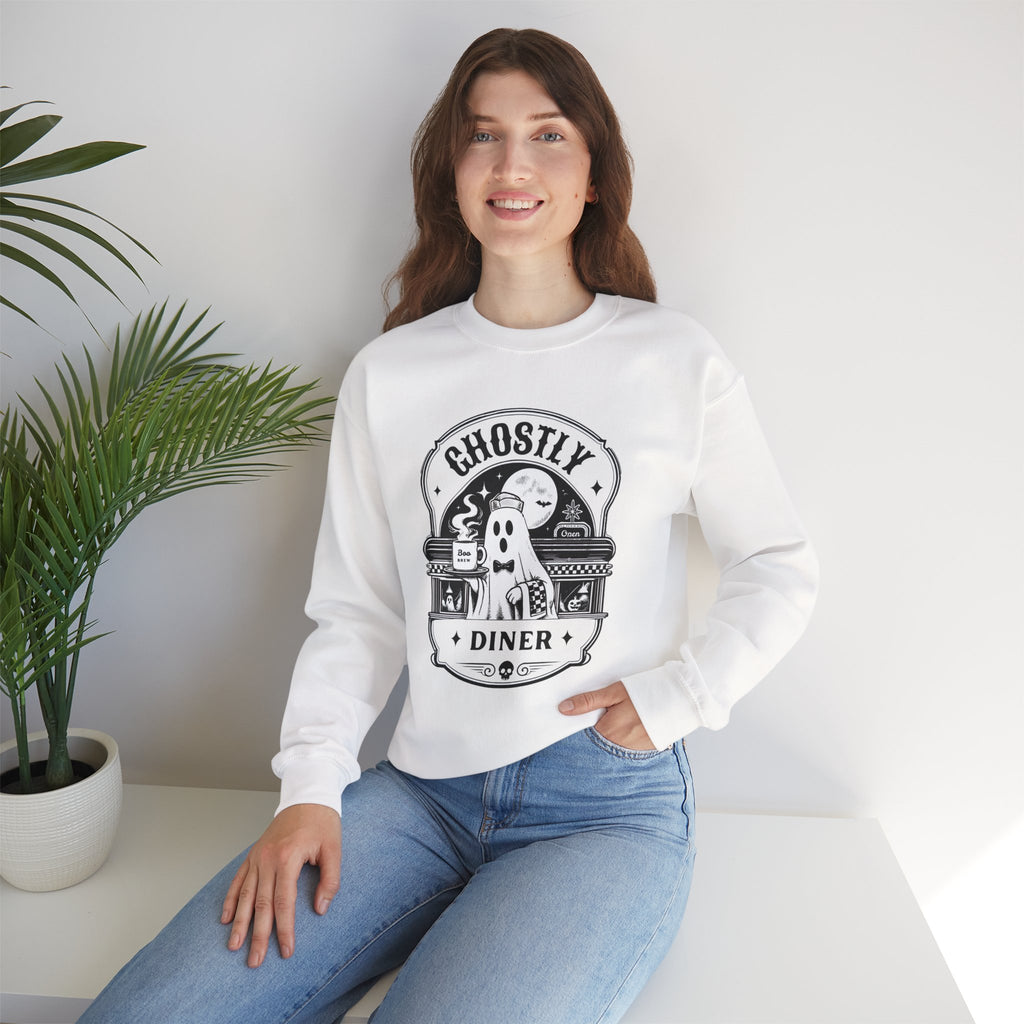 Ghostly Diner Sweatshirt — Vintage Halloween Ghost Café Crewneck