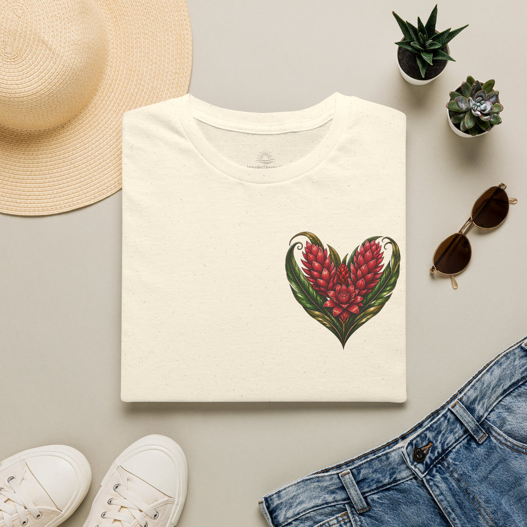 Red Ginger Floral Heart T-Shirt | Tropical Botanical Chest & Back