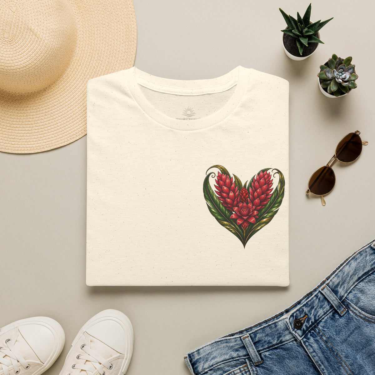 Red Ginger Floral Heart T-Shirt | Tropical Botanical Chest & Back