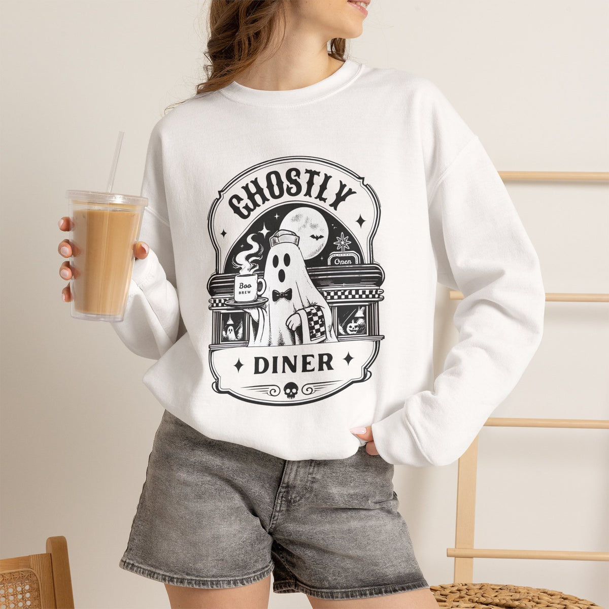 Ghostly Diner Sweatshirt — Vintage Halloween Ghost Café Crewneck