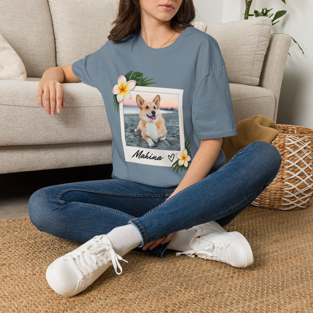 Personalized Pet Photo Polaroid Tee – Floral Frame, Custom Name