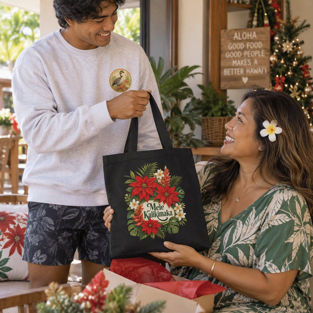 Mele Kalikimaka floral tote bag in black given as a Christmas gift