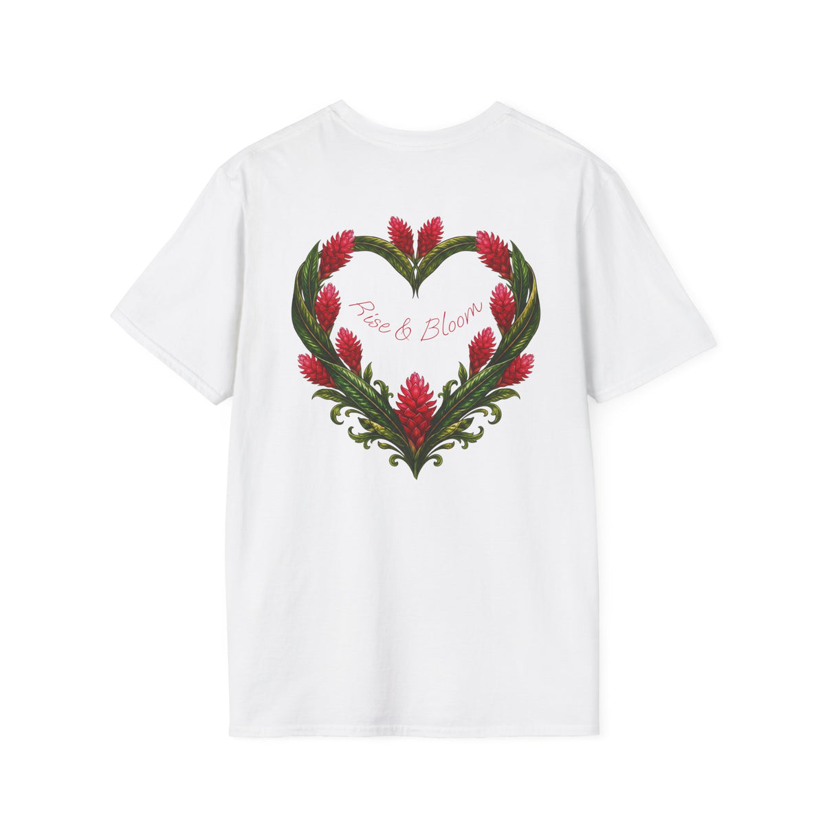 Red Ginger Floral Heart T-Shirt | Tropical Botanical Chest & Back