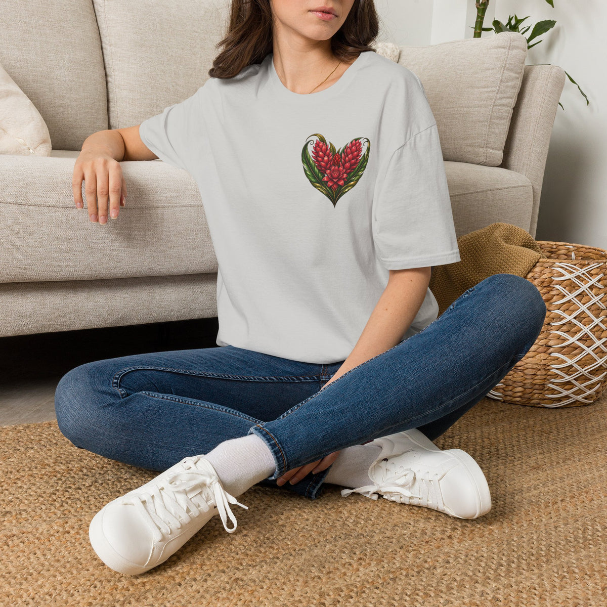 Red Ginger Floral Heart T-Shirt | Tropical Botanical Chest & Back