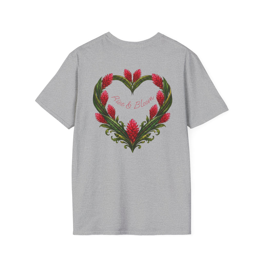 Red Ginger Floral Heart T-Shirt | Tropical Botanical Chest & Back