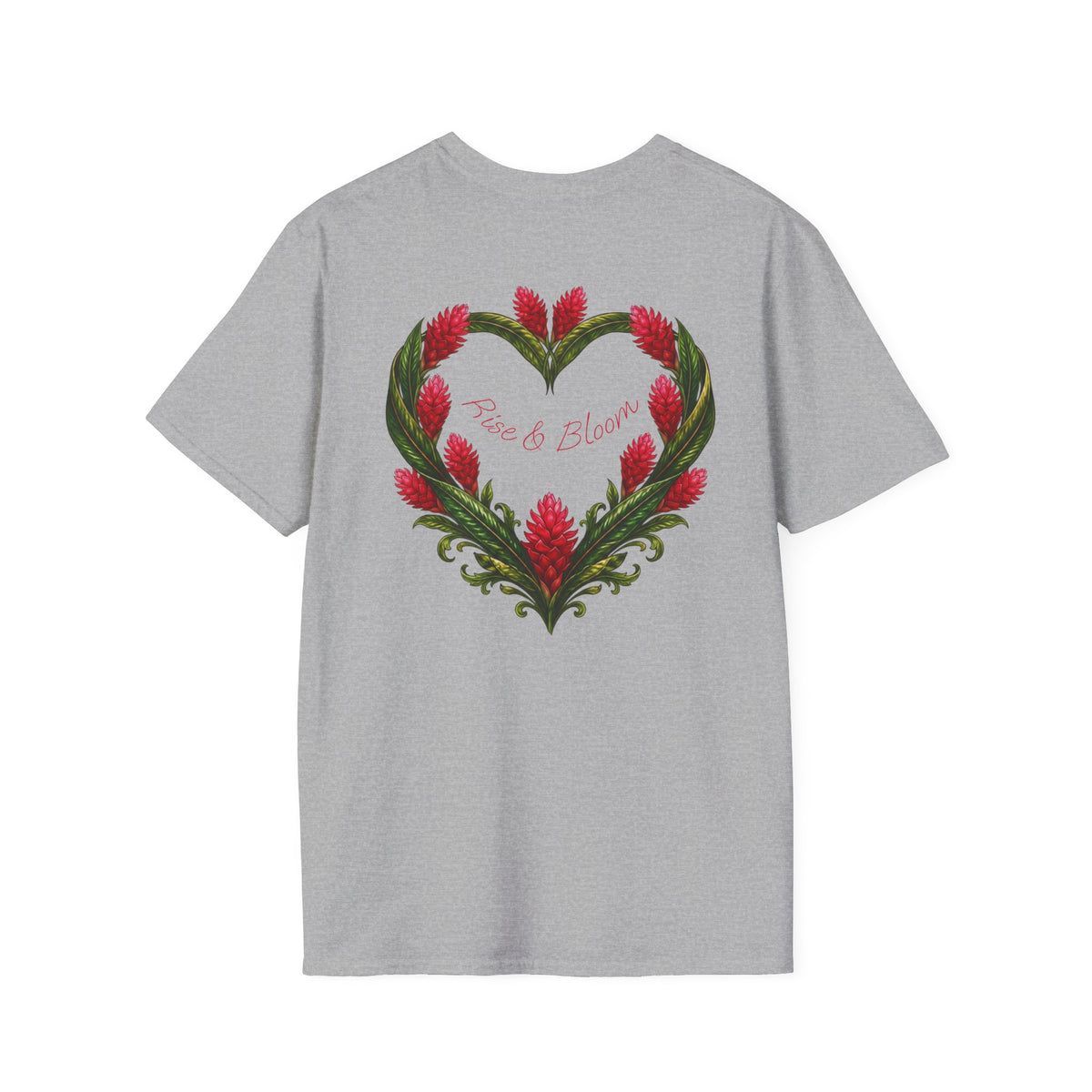 Red Ginger Floral Heart T-Shirt | Tropical Botanical Chest & Back