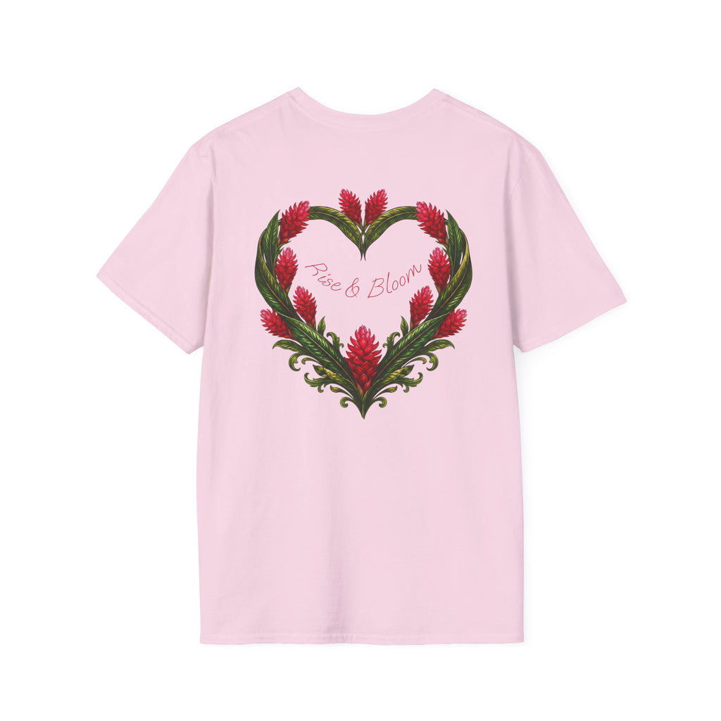Red Ginger Floral Heart T-Shirt | Tropical Botanical Chest & Back
