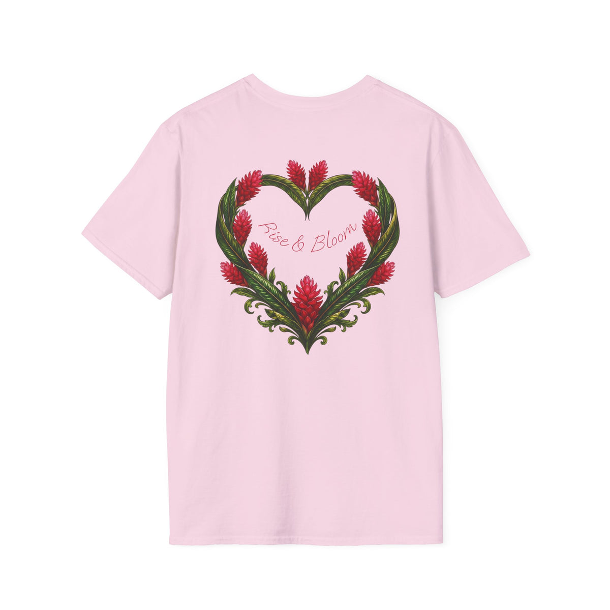 Red Ginger Floral Heart T-Shirt | Tropical Botanical Chest & Back