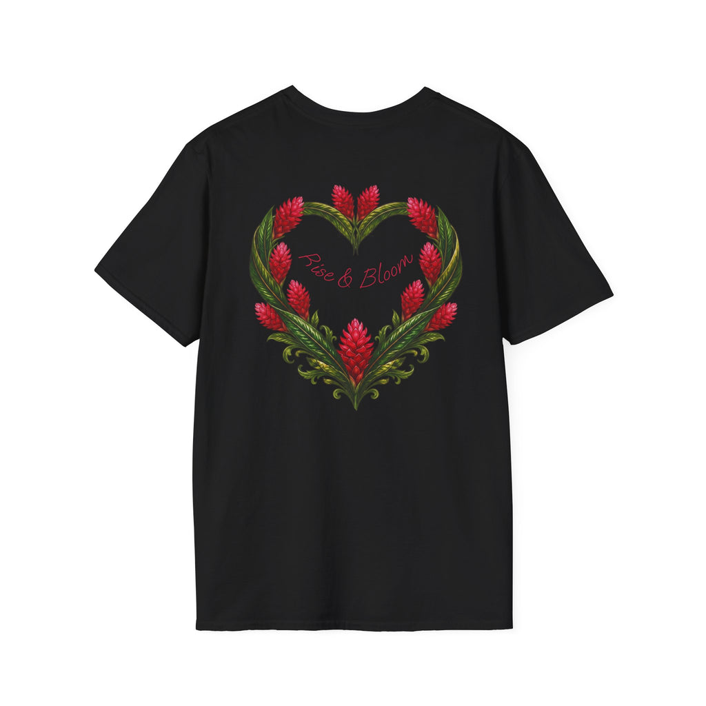 Red Ginger Floral Heart T-Shirt | Tropical Botanical Chest & Back