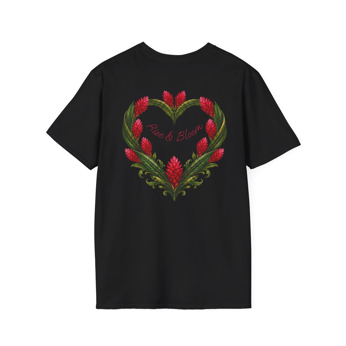 Red Ginger Floral Heart T-Shirt | Tropical Botanical Chest & Back