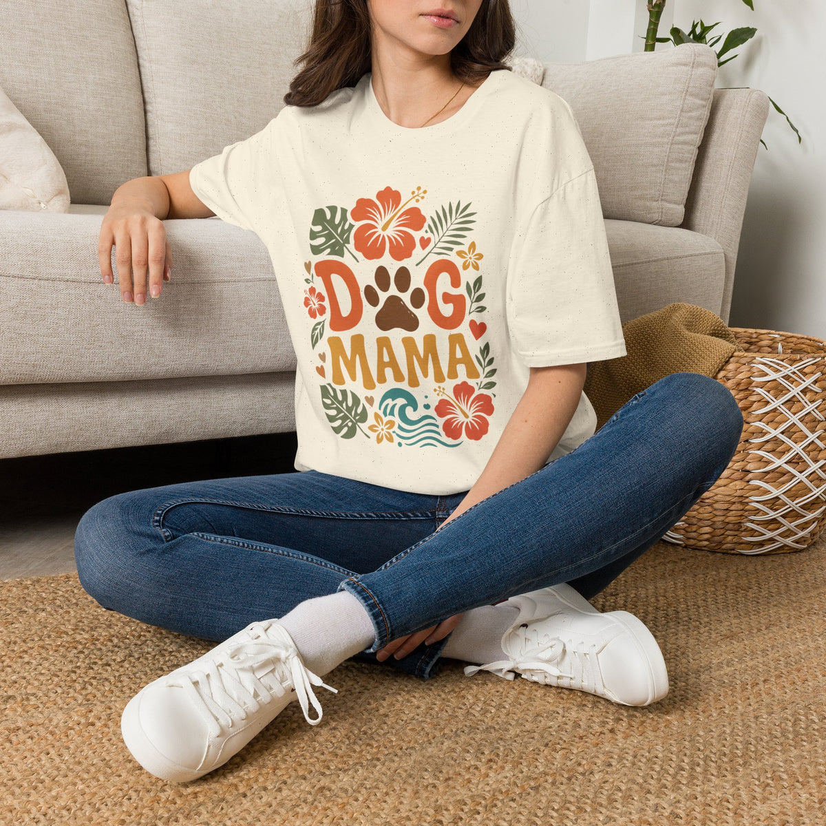 “DOG MAMA” Floral Paw Print Tropical Tee