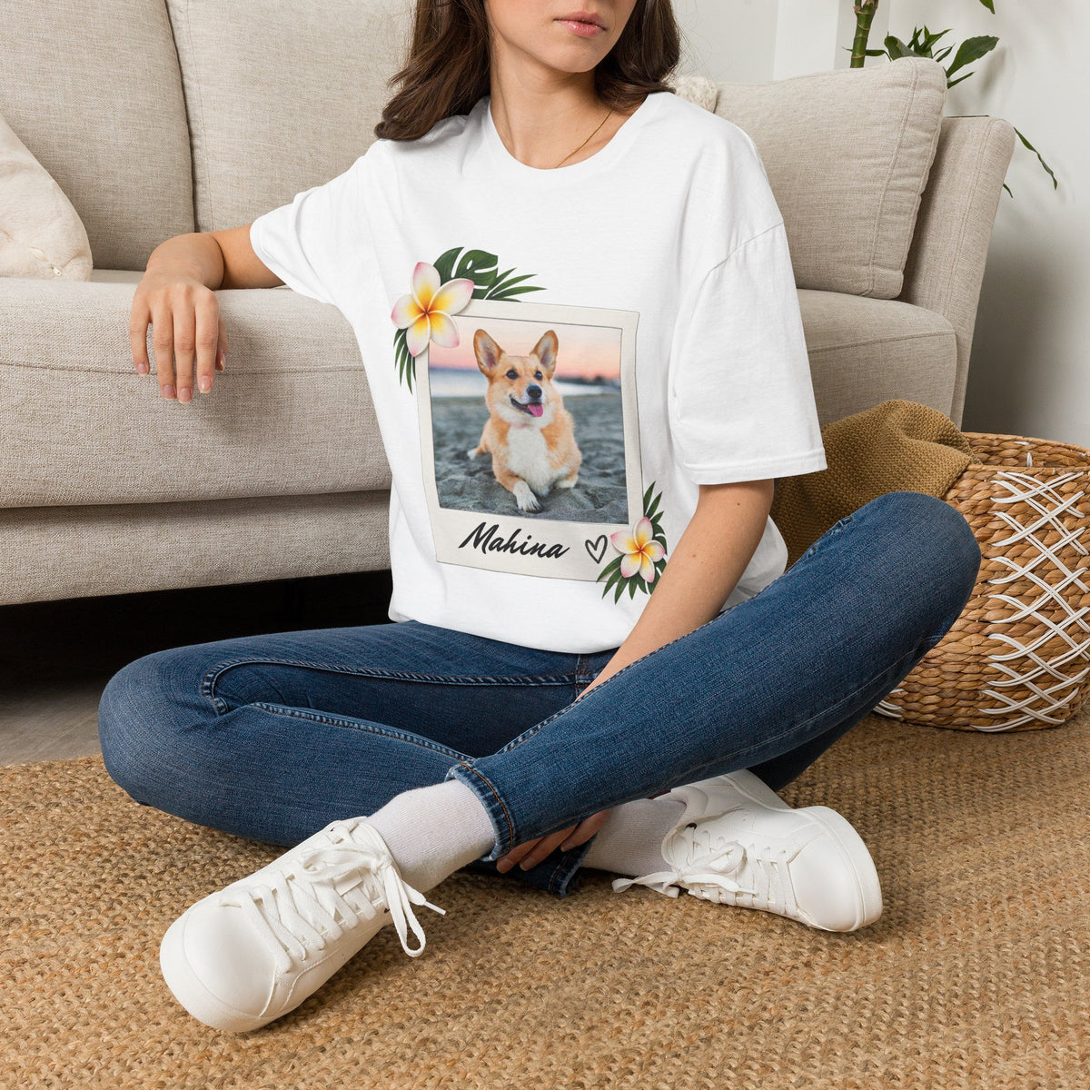 Personalized Pet Photo Polaroid Tee – Floral Frame, Custom Name