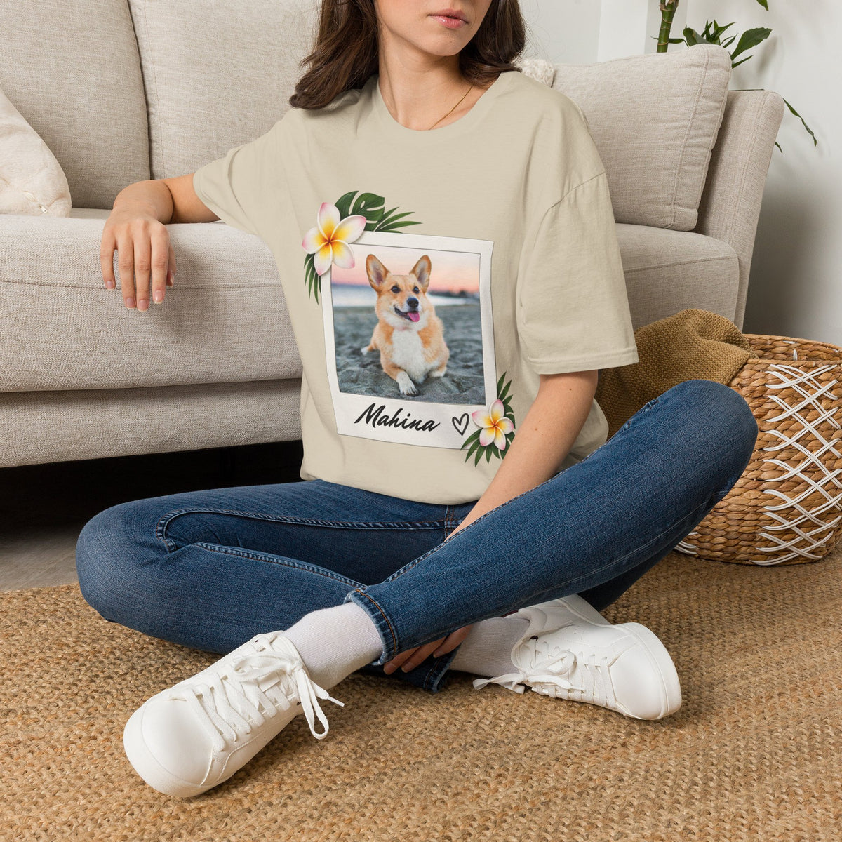 Personalized Pet Photo Polaroid Tee – Floral Frame, Custom Name