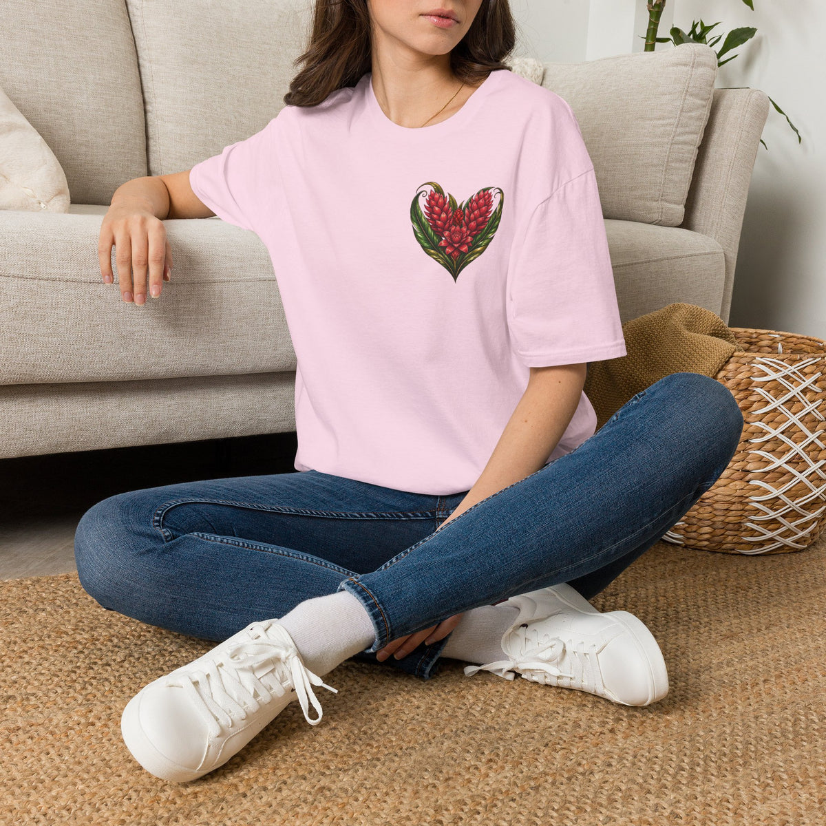 Red Ginger Floral Heart T-Shirt | Tropical Botanical Chest & Back