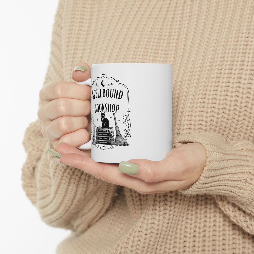 Spellbound Bookshop Mug — Witchy Cat & Stacked Books Coffee Cup