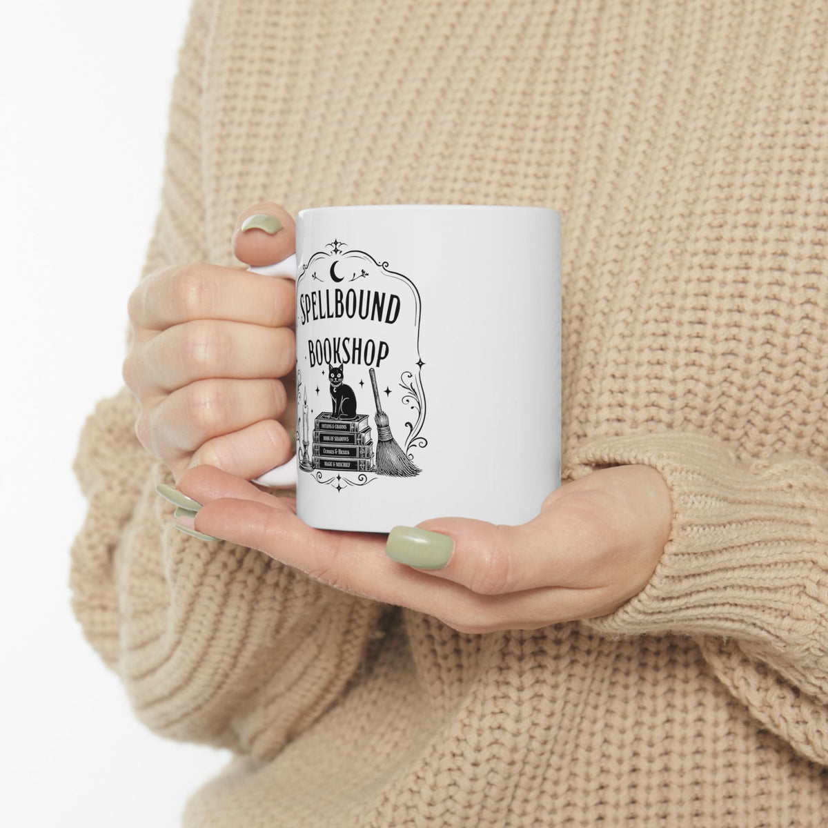 Spellbound Bookshop Mug — Witchy Cat & Stacked Books Coffee Cup