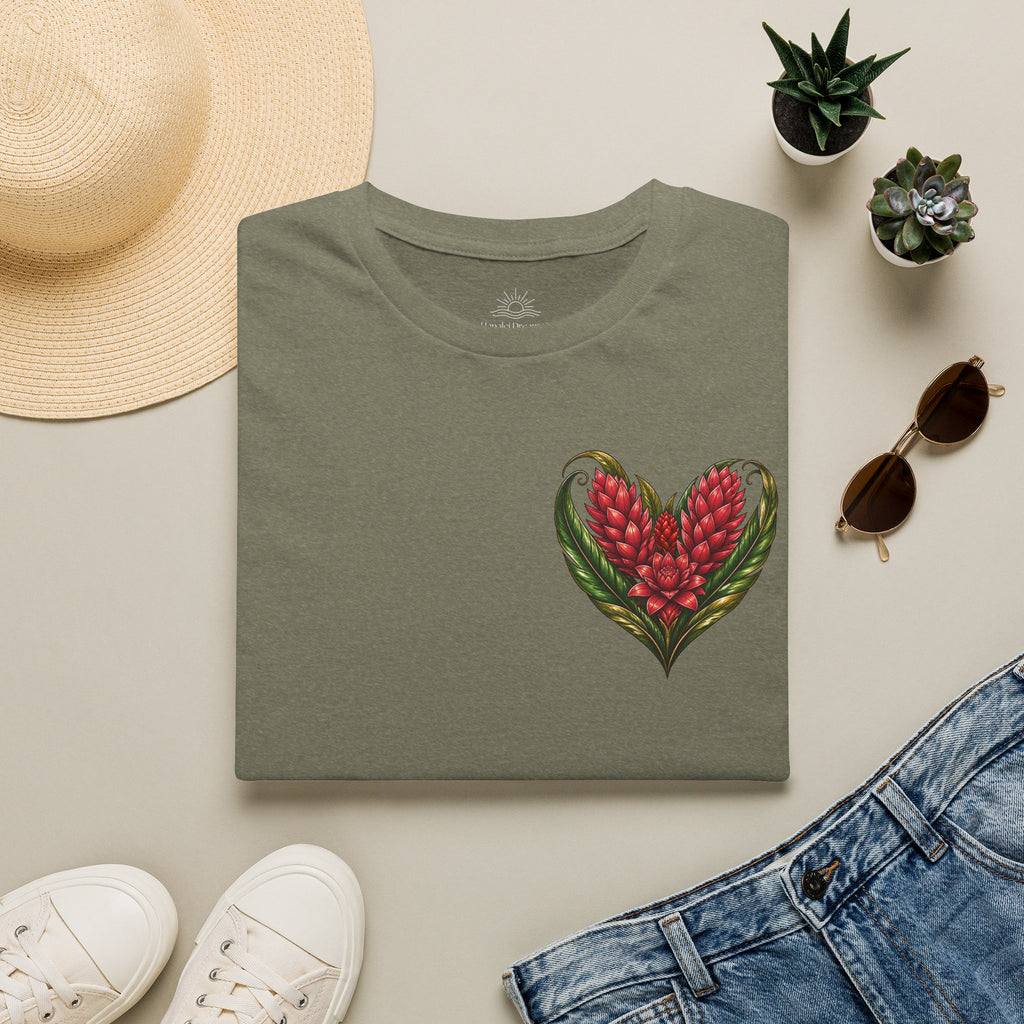 Red Ginger Floral Heart T-Shirt | Tropical Botanical Chest & Back