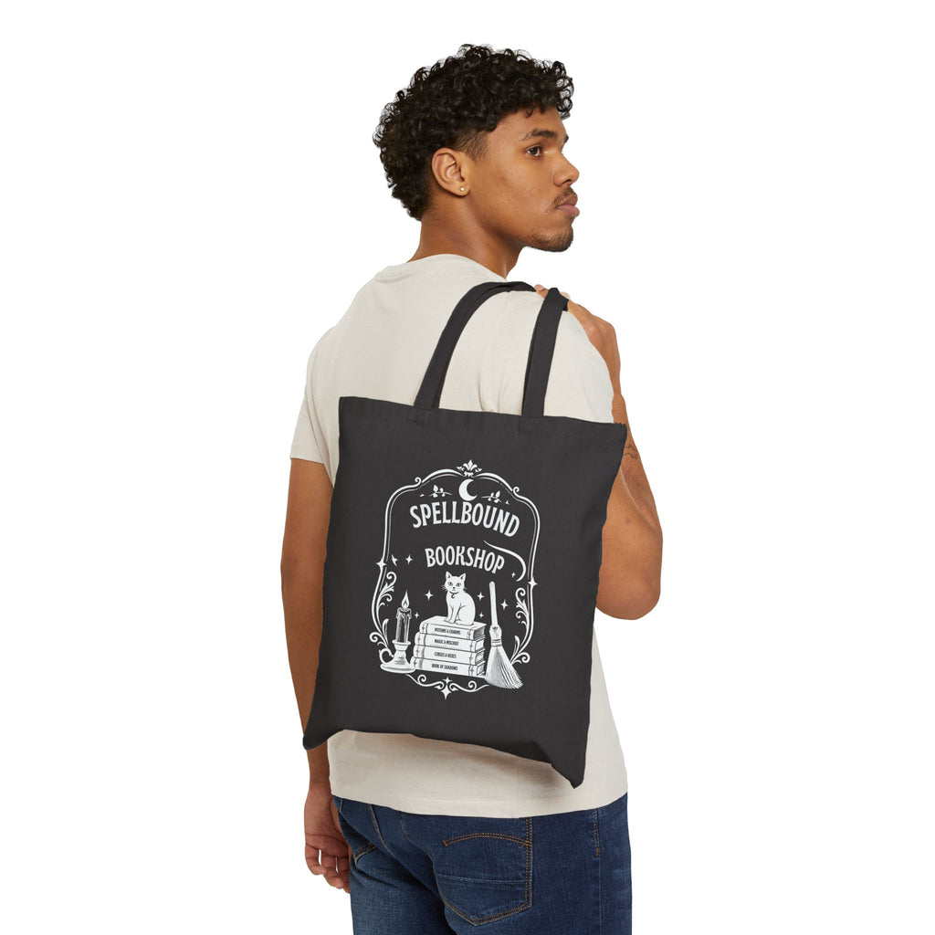 Spellbound Bookshop Tote — Witchy Cat & Stacked Books Canvas Bag