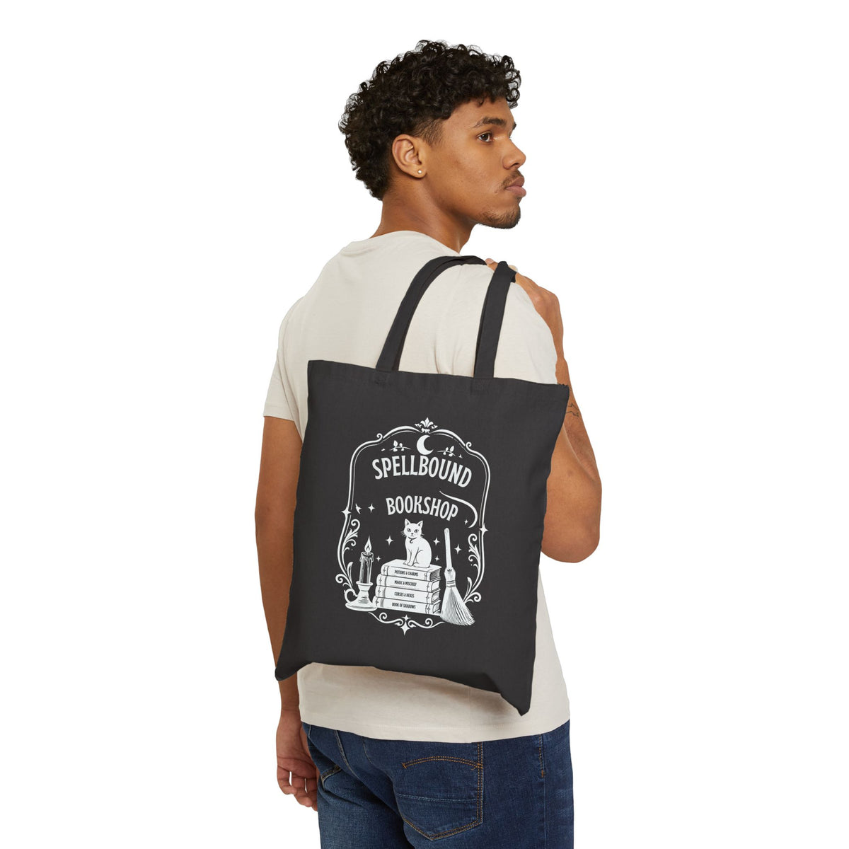 Spellbound Bookshop Tote — Witchy Cat & Stacked Books Canvas Bag