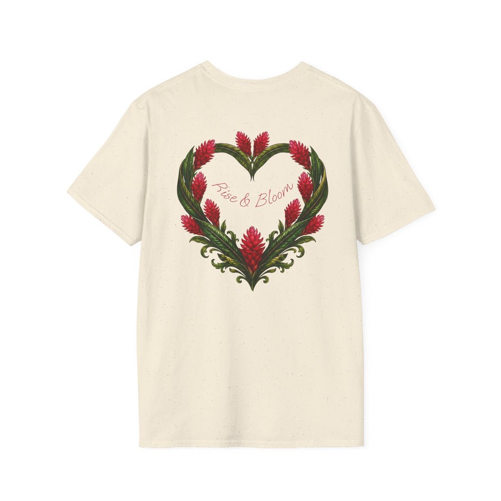 Red Ginger Floral Heart T-Shirt | Tropical Botanical Chest & Back