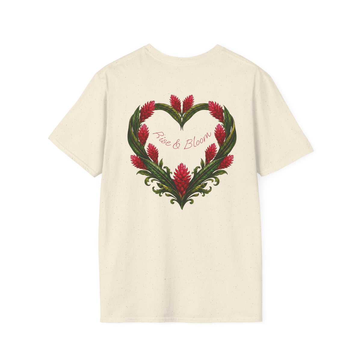 Red Ginger Floral Heart T-Shirt | Tropical Botanical Chest & Back