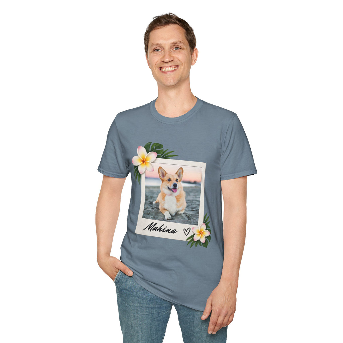 Personalized Pet Photo Polaroid Tee – Floral Frame, Custom Name