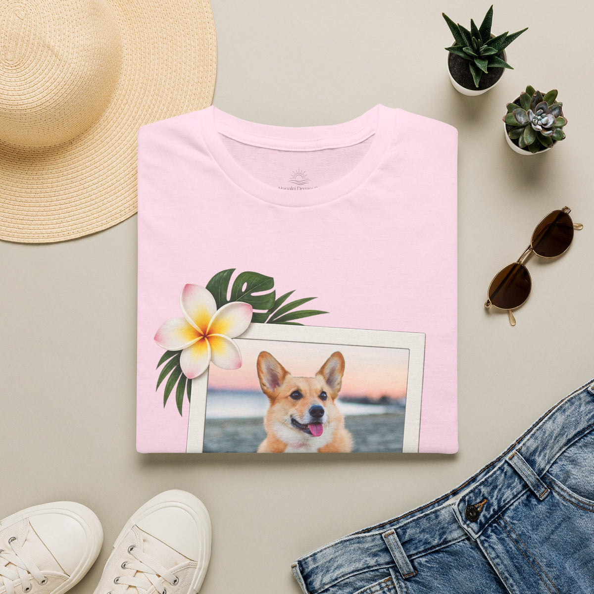 Personalized Pet Photo Polaroid Tee – Floral Frame, Custom Name