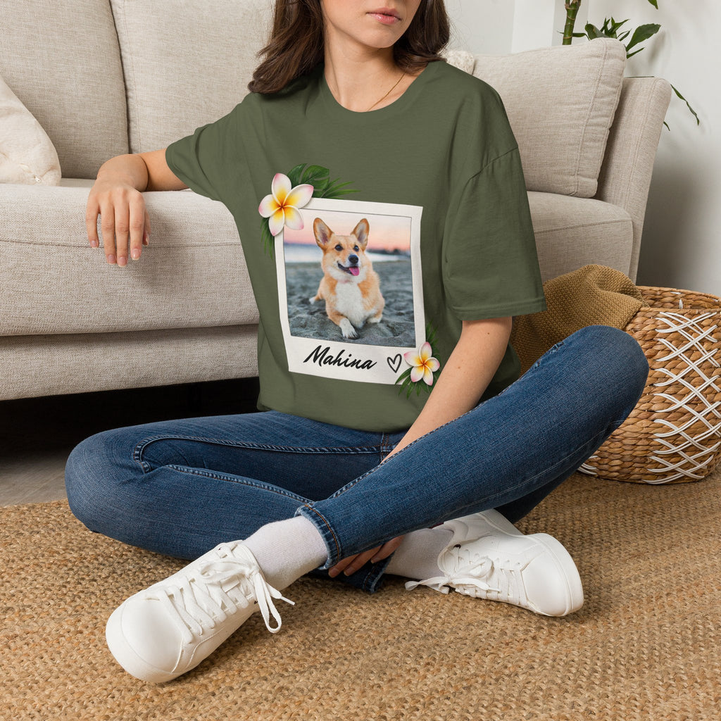 Personalized Pet Photo Polaroid Tee – Floral Frame, Custom Name
