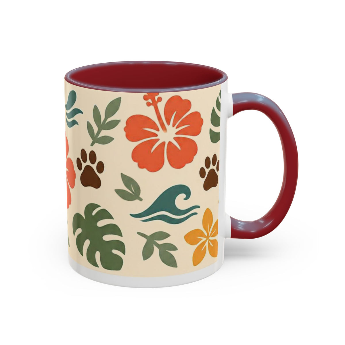Tropical Hibiscus Paw Print Mug — Floral Coffee Cup for Dog Lovers