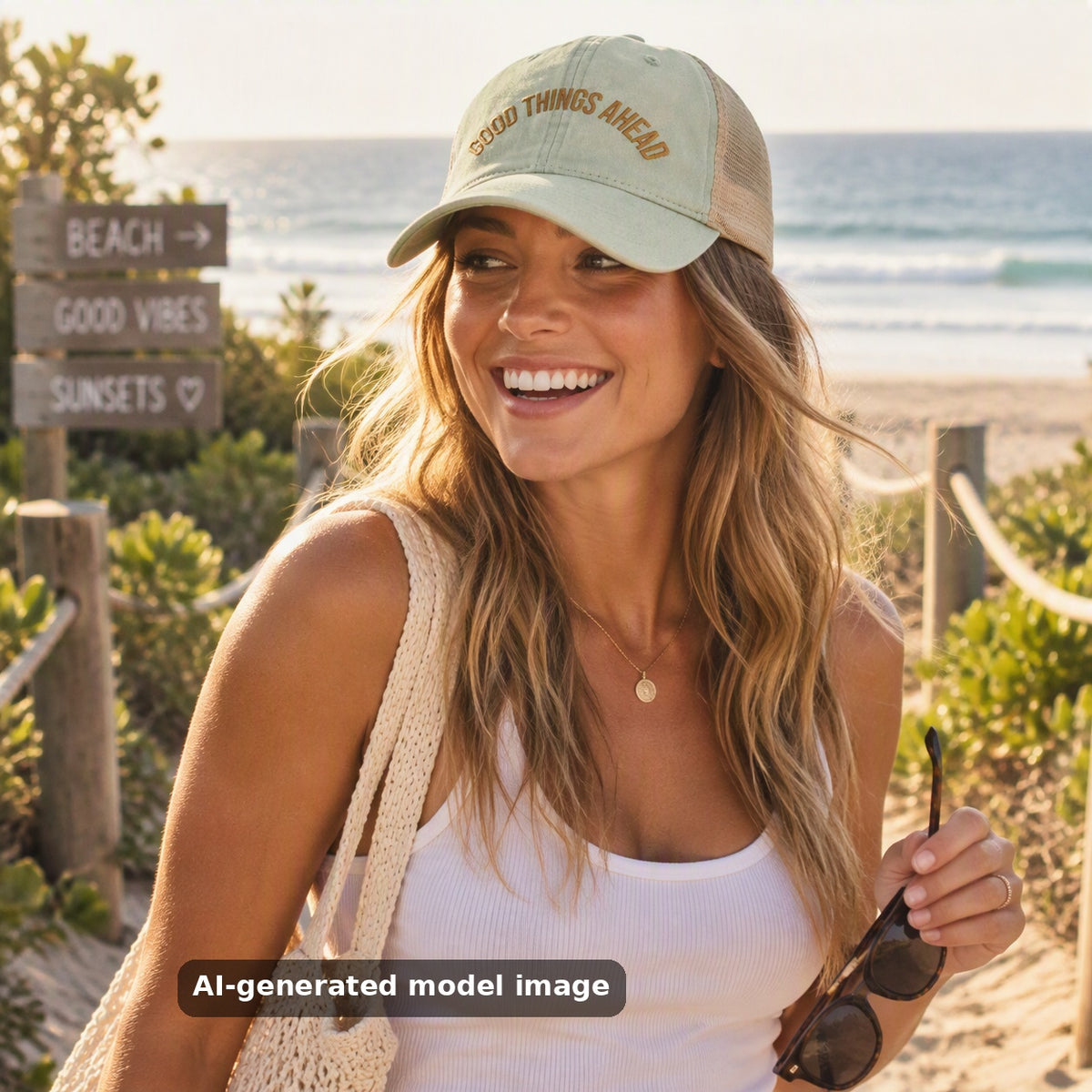Good Things Ahead washed mesh-back cap — lifestyle photo