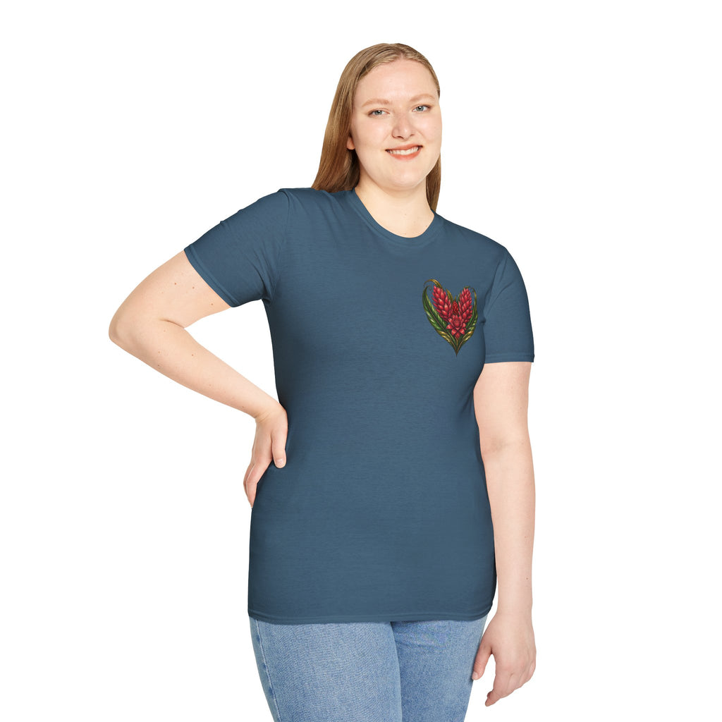 Red Ginger Floral Heart T-Shirt | Tropical Botanical Chest & Back
