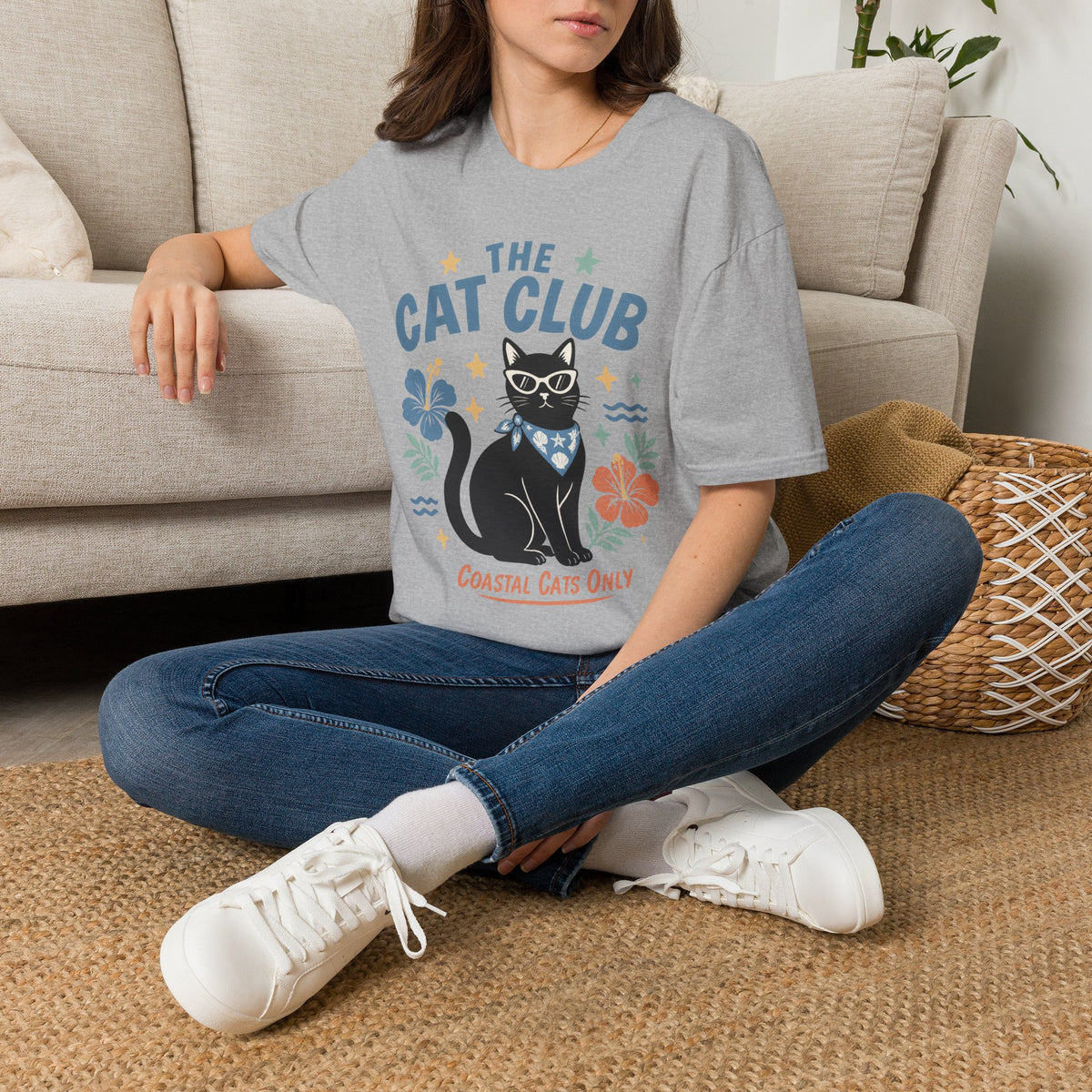 The Cat Club T-Shirt – Coastal Black Cat Floral