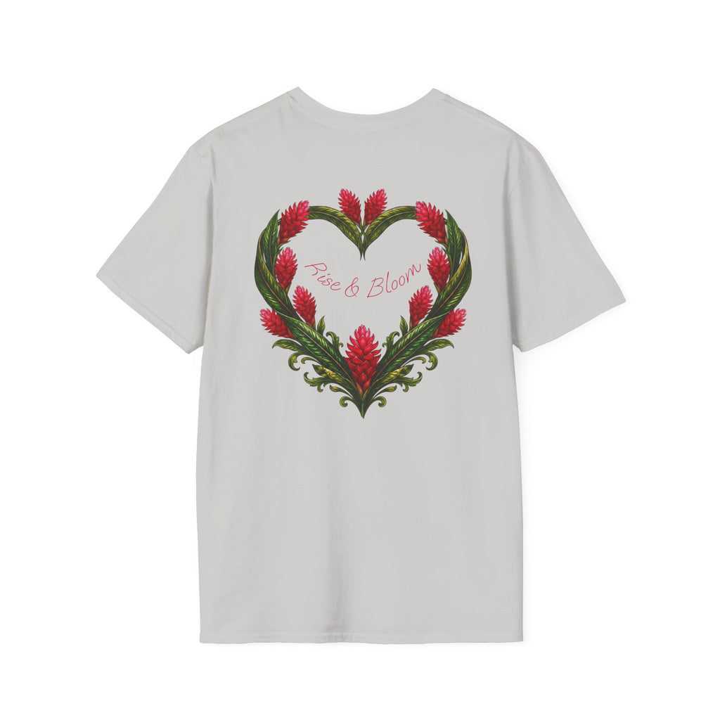 Red Ginger Floral Heart T-Shirt | Tropical Botanical Chest & Back