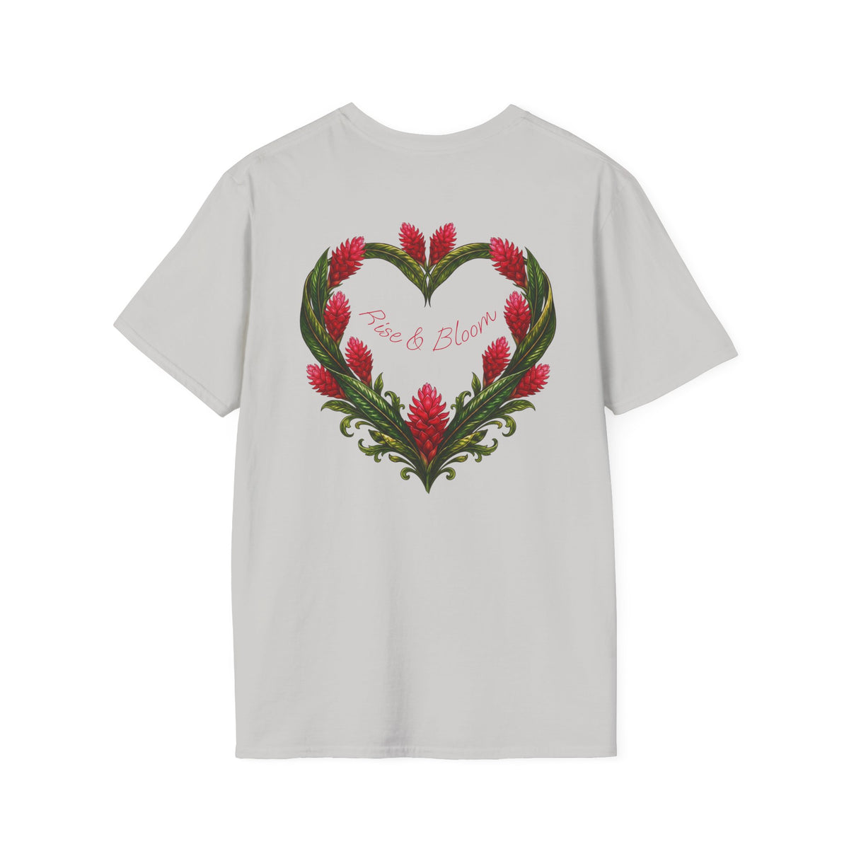 Red Ginger Floral Heart T-Shirt | Tropical Botanical Chest & Back