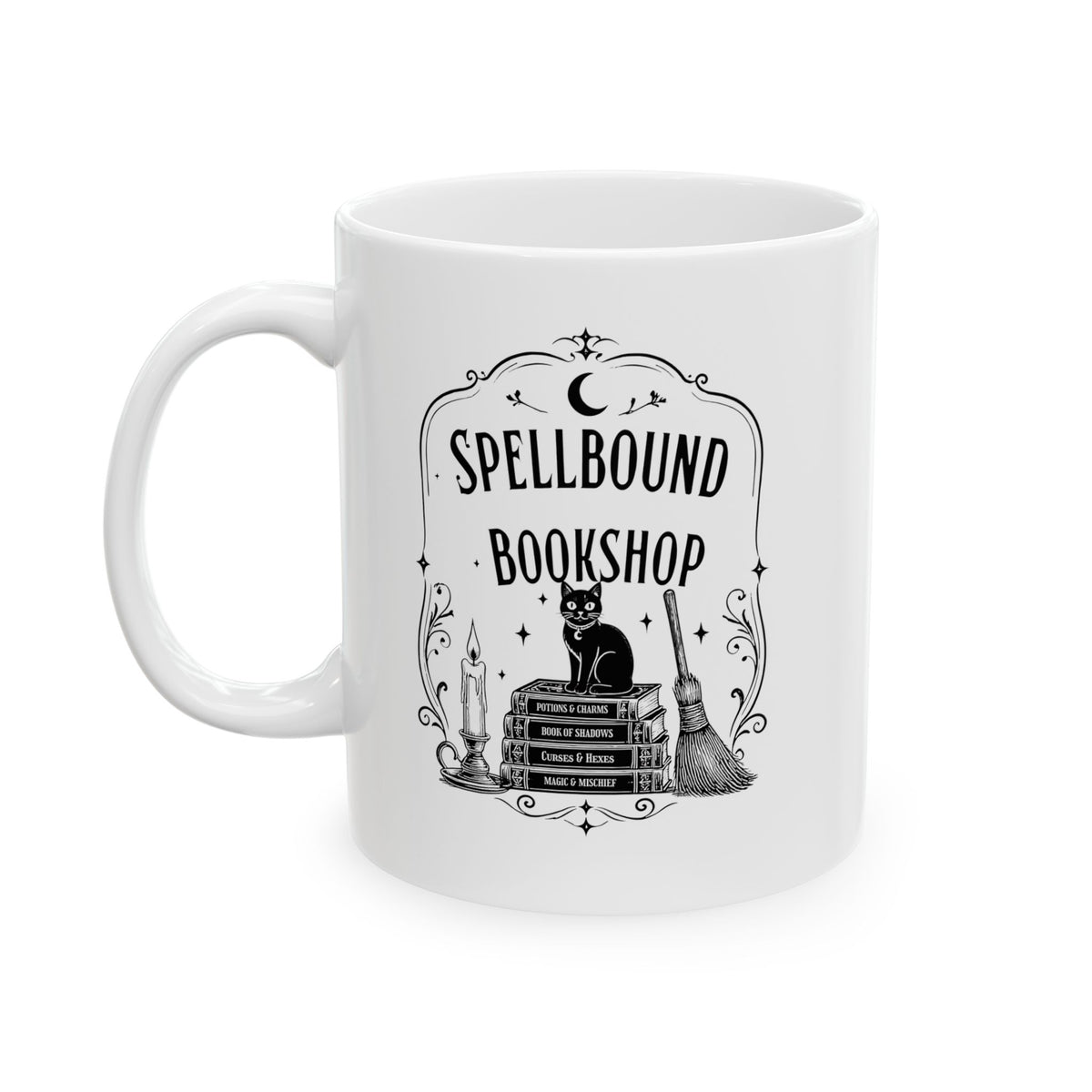 Spellbound Bookshop Mug — Witchy Cat & Stacked Books Coffee Cup