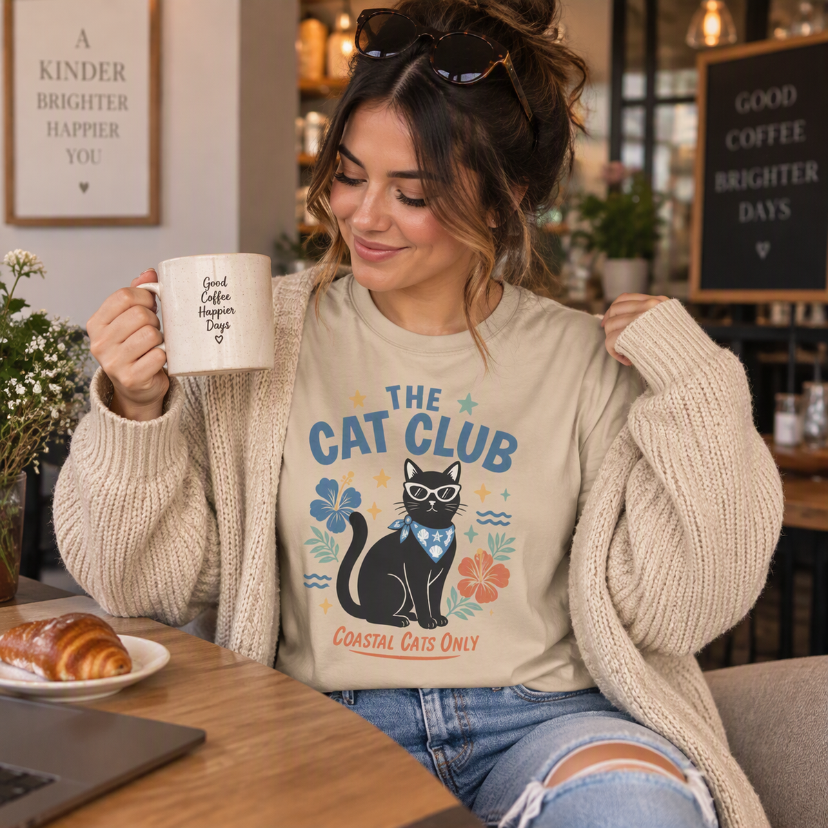The Cat Club T-Shirt – Coastal Black Cat Floral