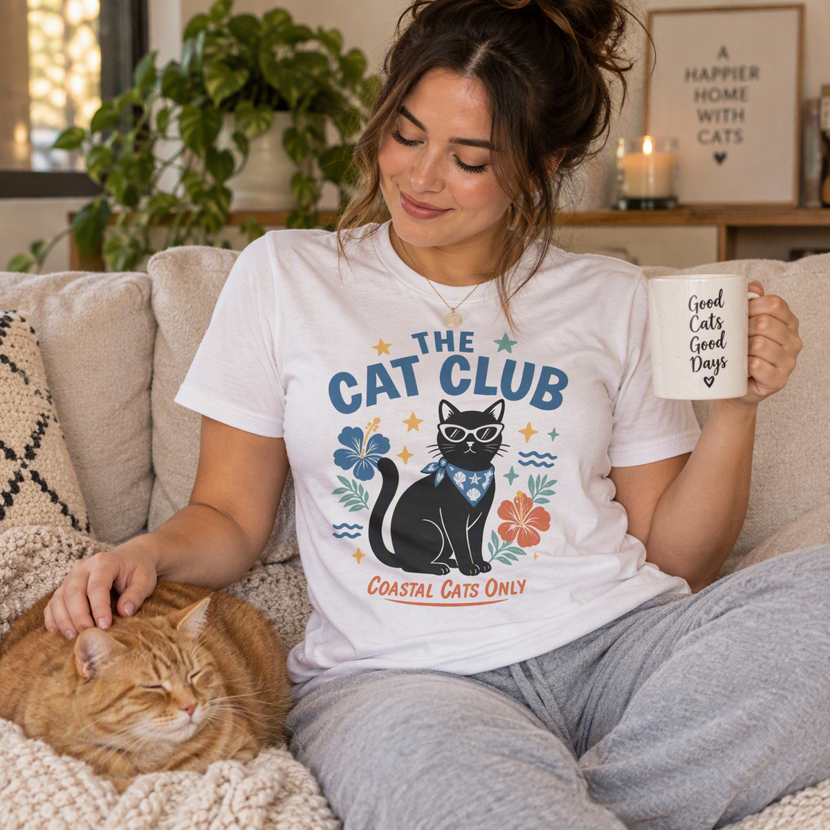 The Cat Club T-Shirt – Coastal Black Cat Floral