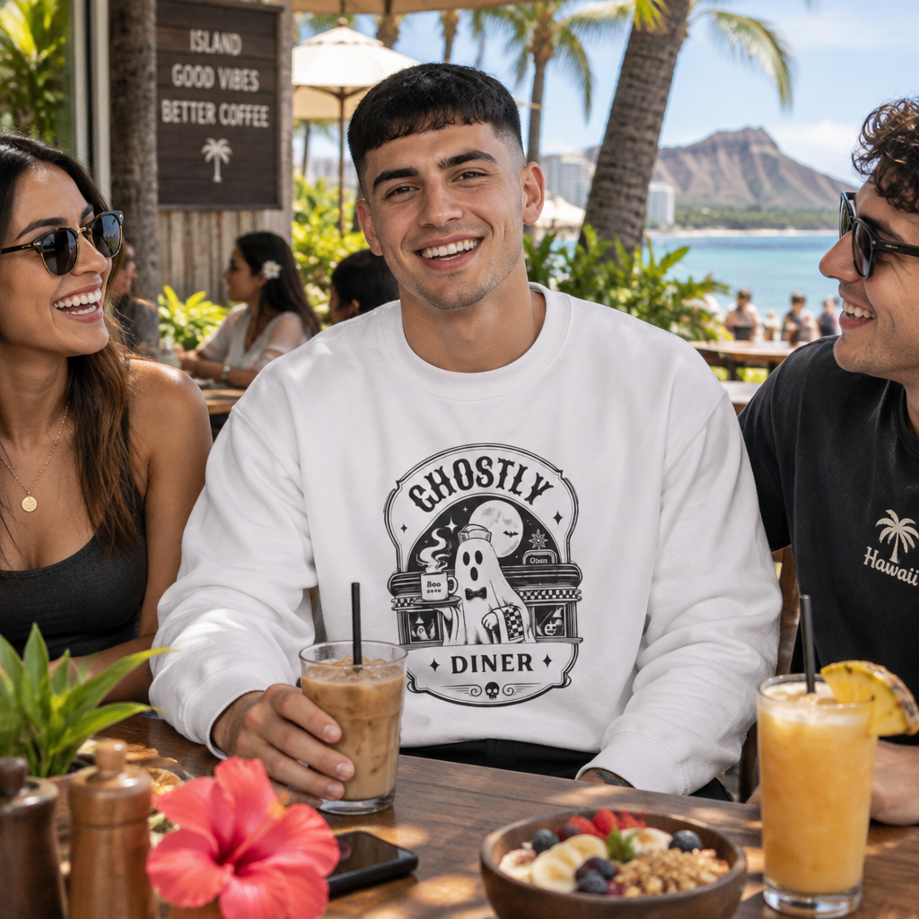Lifestyle photo of the Ghostly Diner sweatshirt in a fall setting