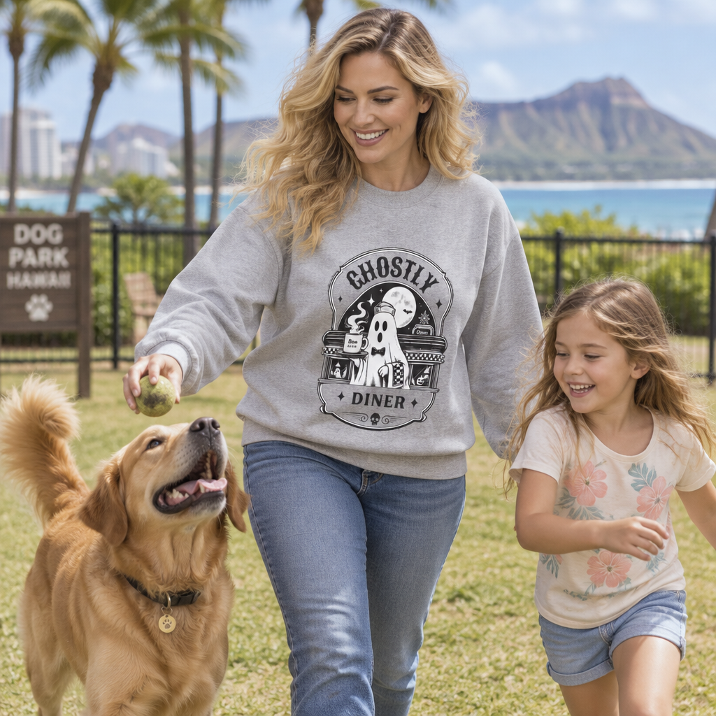 Lifestyle photo of the Ghostly Diner sweatshirt in a fall setting