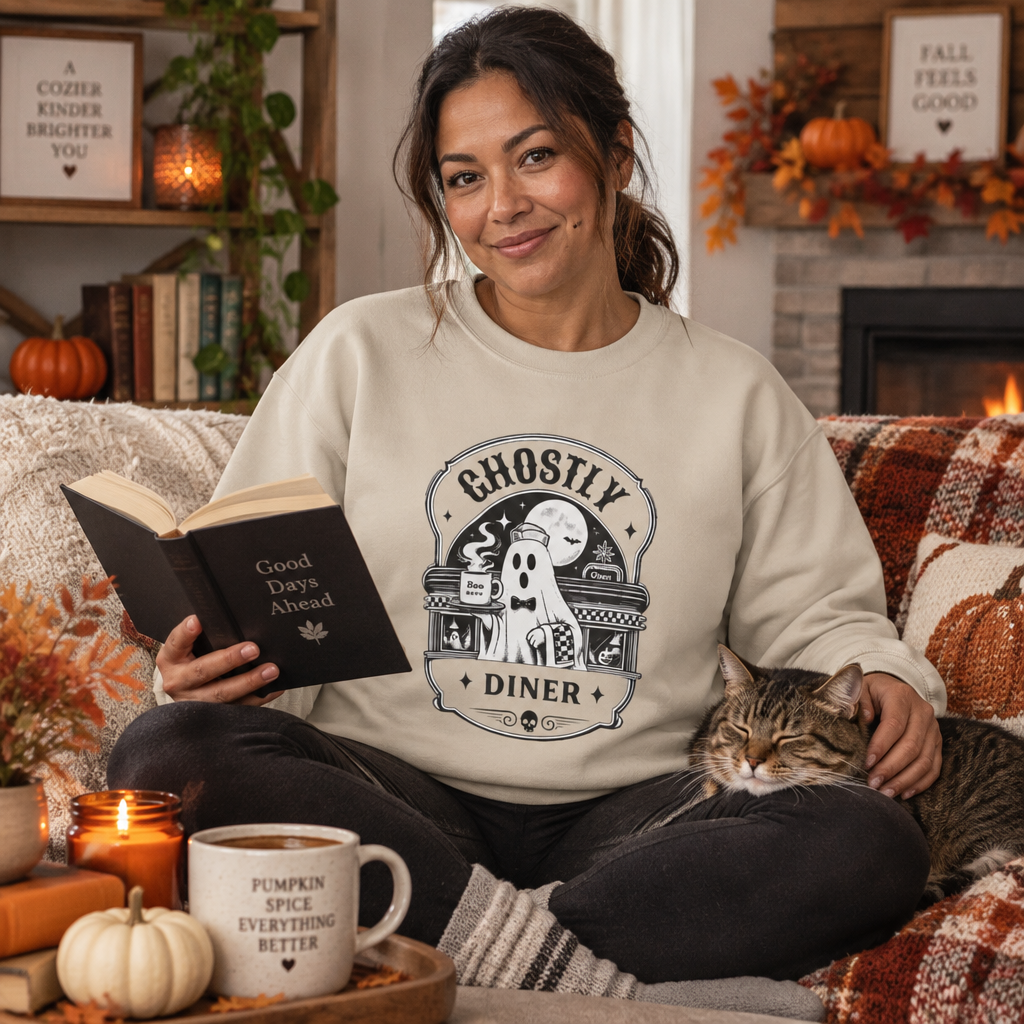 Lifestyle photo of the Ghostly Diner sweatshirt in a fall setting