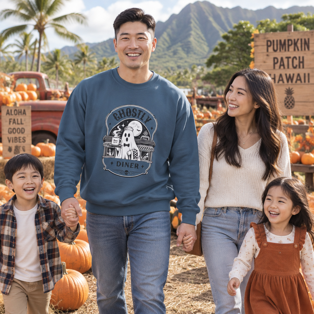 Lifestyle photo of the Ghostly Diner sweatshirt in a fall setting