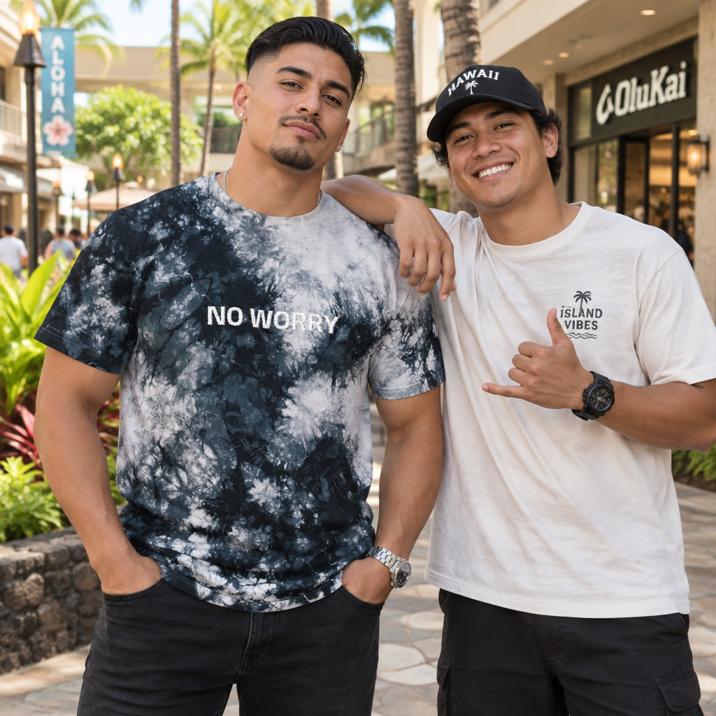 Lifestyle photo of the No Worry embroidered black and white tie-dye shirt outdoors