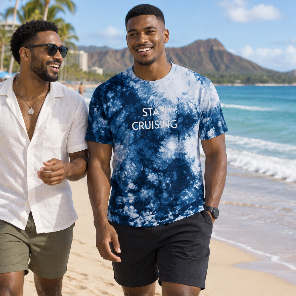 Lifestyle photo of the Stay Cruising embroidered tie-dye shirt by the ocean
