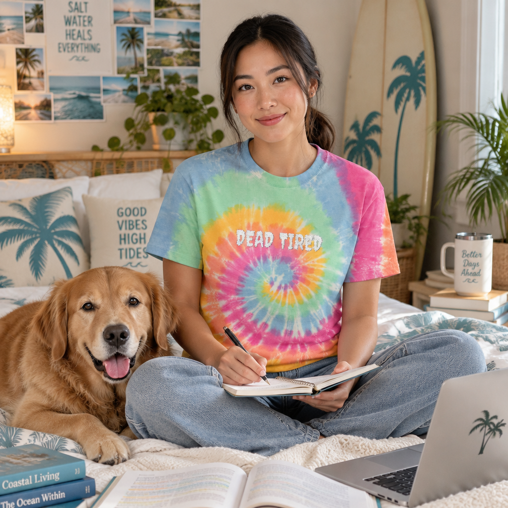 Lifestyle photo of the Dead Tired embroidered tie-dye shirt outdoors